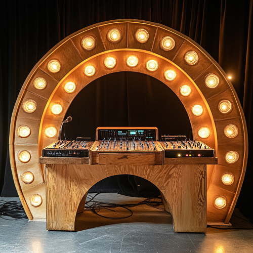Ornate wooden piece with vintage lights, DJ booth, and screen.