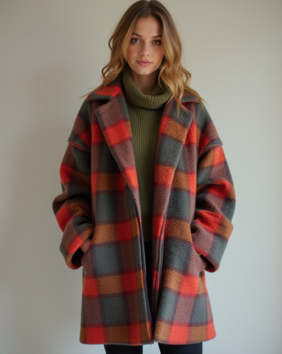 Oversized fashionable coat in multicolored pattern, 2050.