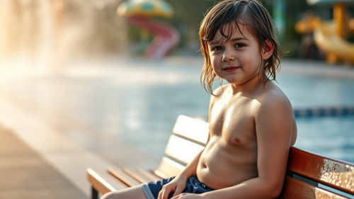 Overweight Boy Drying Off at Morning Waterpark