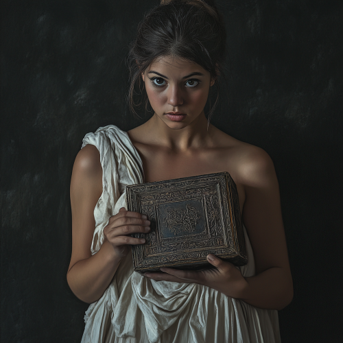 Pandora, the woman with Pandora's box, hesitates