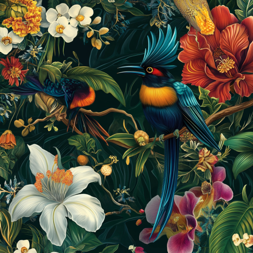 Paradise birds on vibrant flowers with intricate patterns.