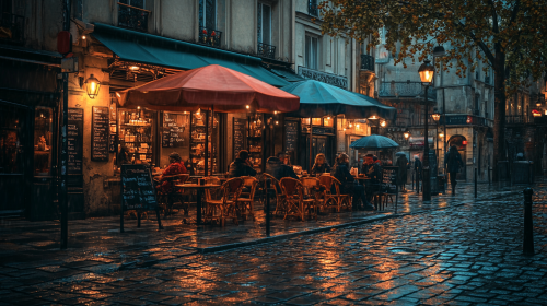 Parisian café in rain, outdoor seating, lanterns, patrons, ambiance, nostalgia, charm, photorealistic image.