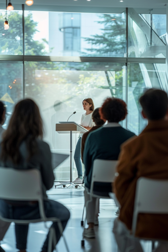 Participants practice speeches with modern educational tools and lighting.