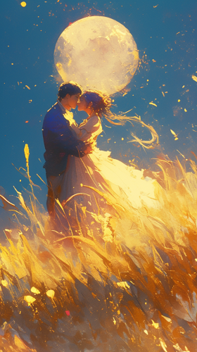 Partner dance in peaceful meadow, moonlight glow illuminates love.