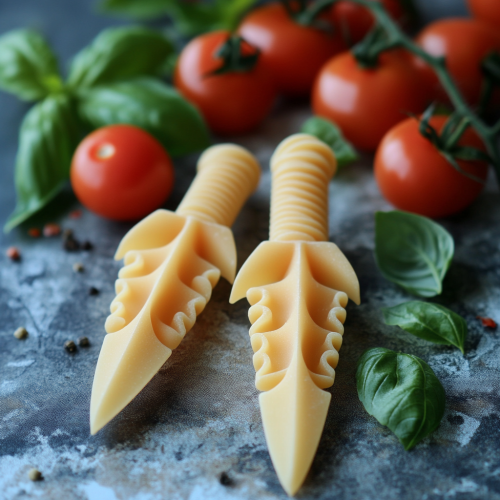 Pasta Knives with Tomato and Basil Background