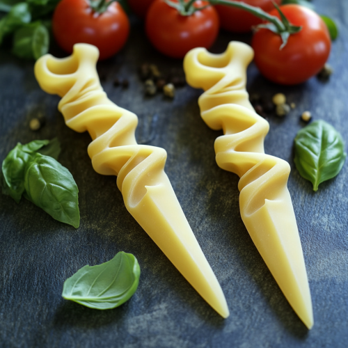 Pasta knives with elegant design, tomato and basil background