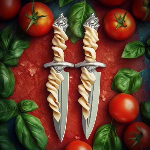 Pasta knives with tomatoes and basil background