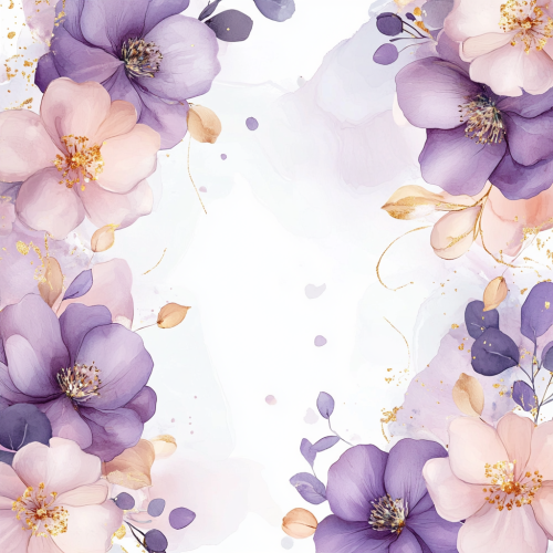 Pastel-colored flowers with gradient of purple and pink. Gold accents, spiritual, sparkling, watercolor-style look. Flowers blooming on edges, white center space.