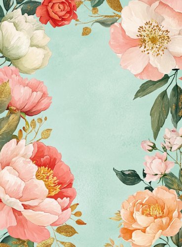 Pastel floral pattern cover with golden border on mint.