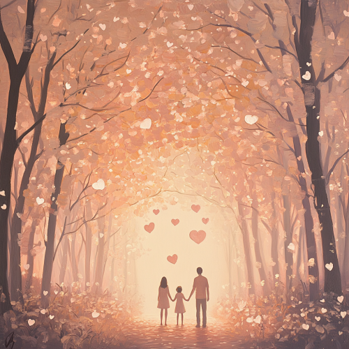 Pastel forest at sunset, family silhouettes in love. Pastel forest at sunset, family silhouettes in love.