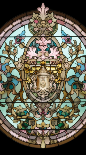 Pastel stained glass royal crest with intricate symbols.