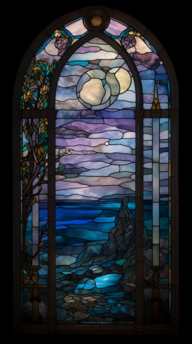 Pastel stained glass window scene with moonlight reflection. Pastel stained glass window scene with moonlight reflection.