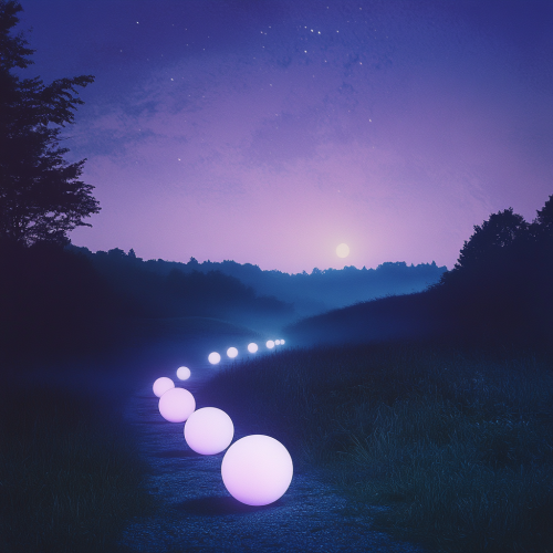 Pathway of glowing orbs leads towards ethereal light. Pathway of glowing orbs leads towards ethereal light.