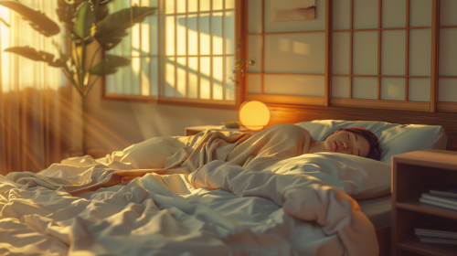 Peaceful Japanese woman sleeping in cozy bed scene