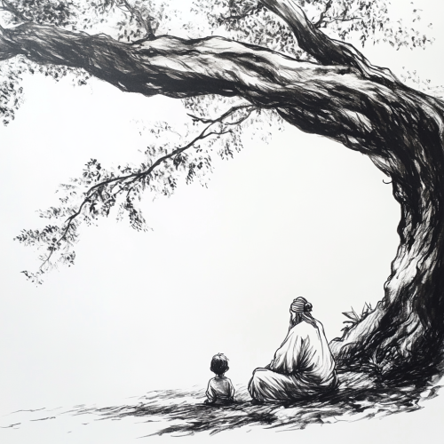 Peaceful Sage and Child Under Ancient Tree
