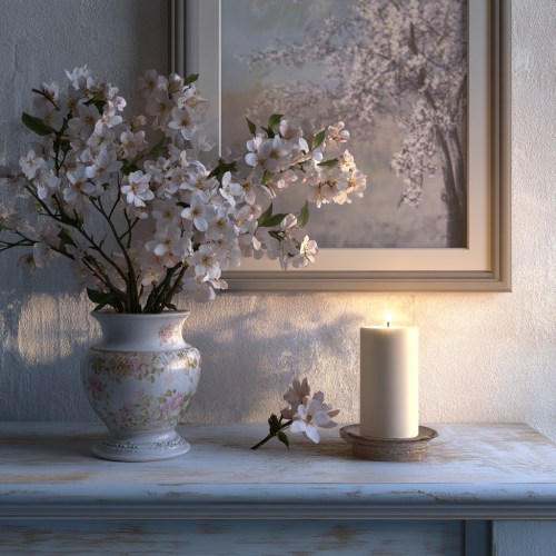 Peaceful Scandinavian home altar with flowers and candle