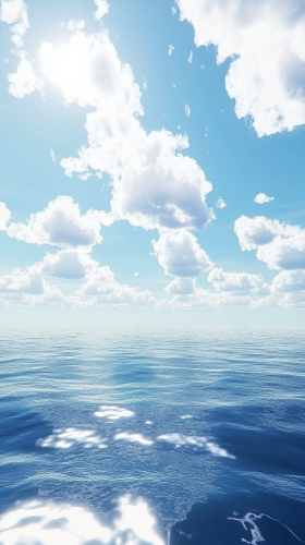 Peaceful ocean under bright sky with scattered clouds