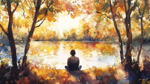 Peaceful person by lake, tall trees, abstract shapes, vibrant. Peaceful person by lake, tall trees, abstract shapes, vibrant.