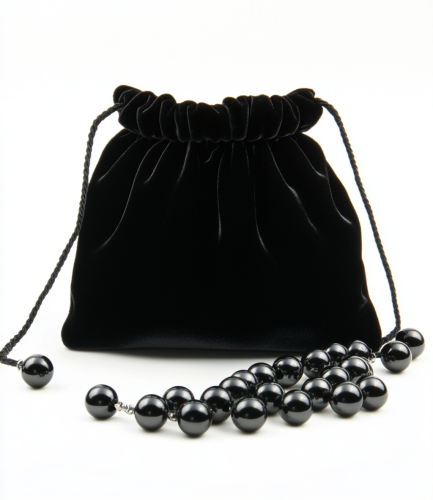 Pearls in a Black Velvet Bag on White Background