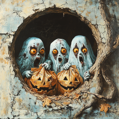 Peeking through hole sees spooky ghost kids with candies