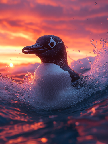 Penguin surfing on wave at sunset in dreamy, vibrant colors