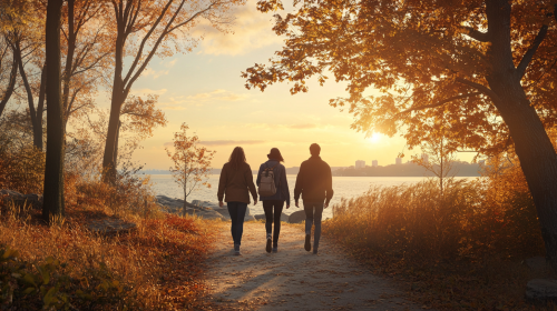 People Walking in New England Park at Dusk