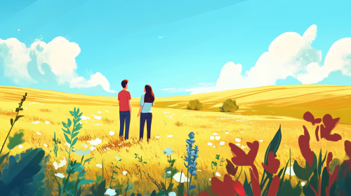 People chatting in UK countryside fields of herbs.