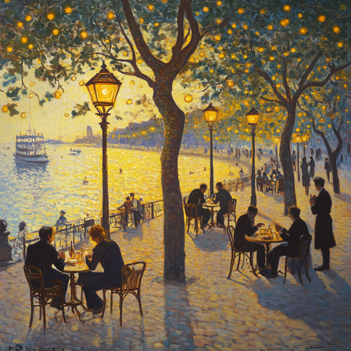 People in Copacabana painting: yellow lights, coffee, shadows. People in Copacabana painting: yellow lights, coffee, shadows.