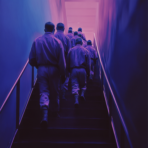 People in blue and purple jumpsuits climbing stairs