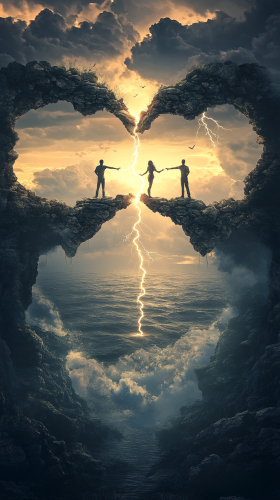 People protecting heart from lightning, connected by bridges.