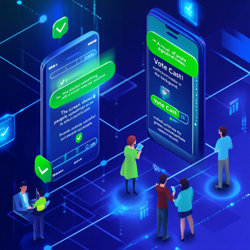 People voting digitally, blockchain updating, 'Vote Cast' notifications