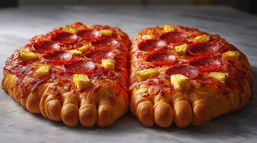 Pepperoni and ananas pizza shaped as two feet.