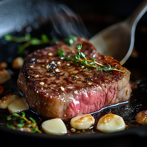 Perfectly seared steak with melted butter and herbs