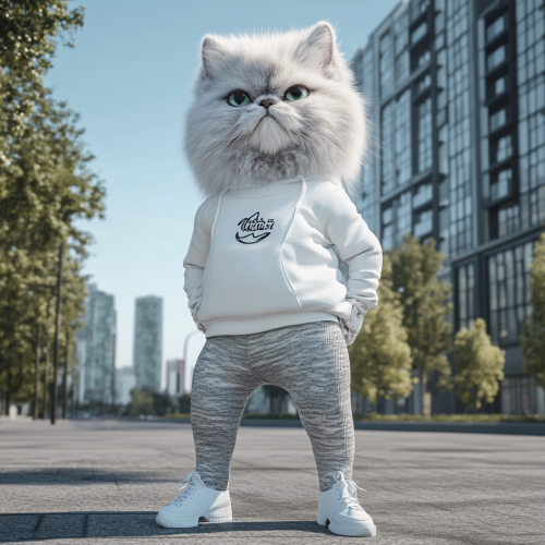Persian cat wears sporty outfit in urban setting.