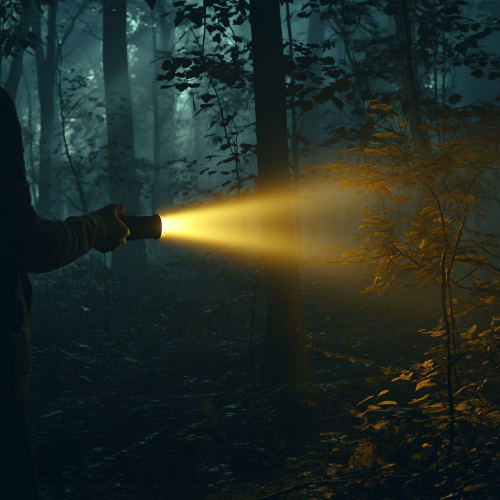 Person's Flashlight in Forest: Night Time Adventure