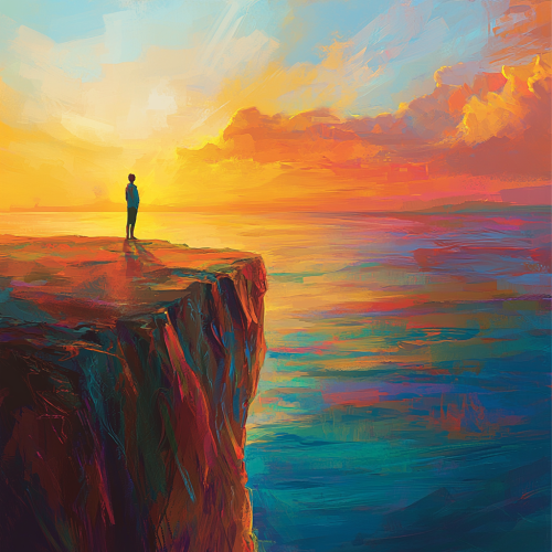 Person by Cliff at Sunrise Over Calm Ocean