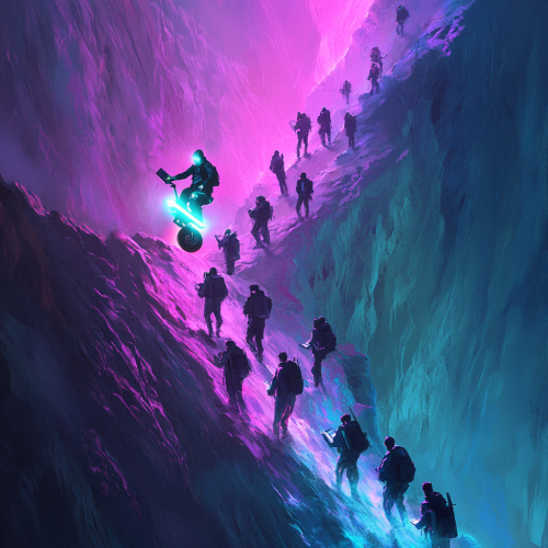 Person easily rides hoverboard up hill with glowing map. Person easily rides hoverboard up hill with glowing map.