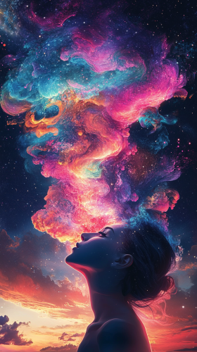 Person gazing at cosmic cloud in dreamy atmosphere.