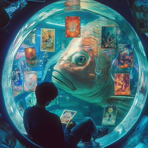 Person in aquarium with art tarot cards, fish swimming.
