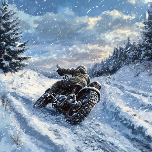 Person in winter gear freeing stuck motorcycle in snow.