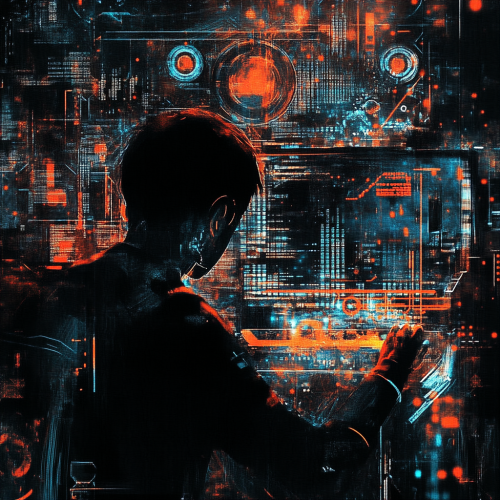 Person intently coding in futuristic tech environment