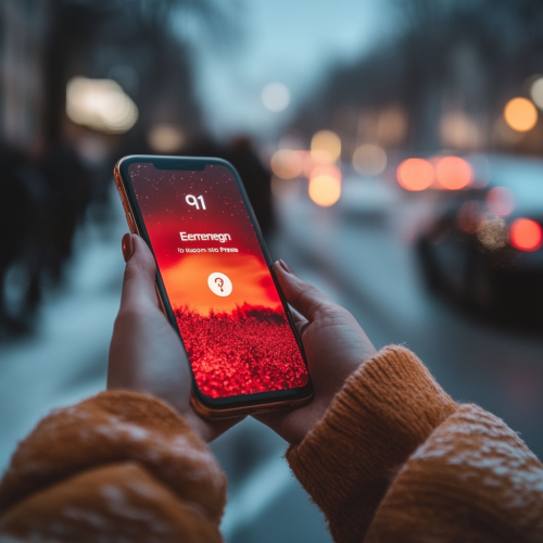 Person reaching for phone to call 911 in urgency