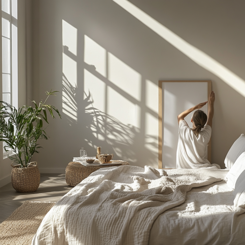 Person wakes up refreshed in minimalist bedroom. Morning light.