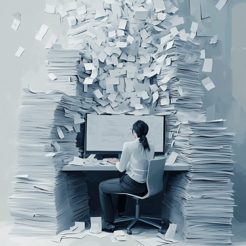 Person with lots of papers and computer work tasks