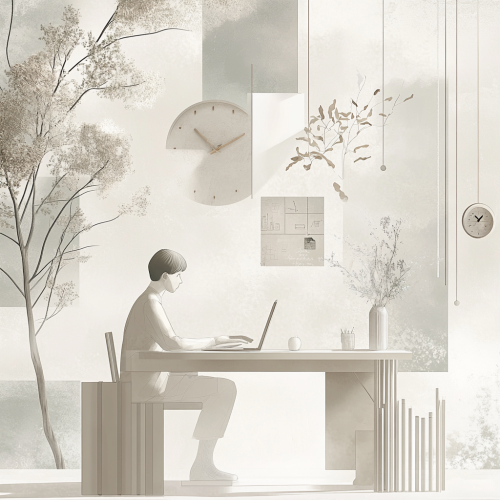 Person working at desk with serene background