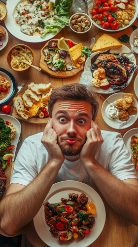 Personne trop gourmande entourée de nourriture appétissante et délicieuse.