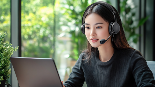 Photo of Asian woman talking to client on laptop.