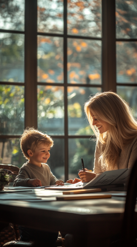 Photo of elegant woman and son at table smiling.