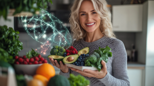 Photo of smiling Brazilian client with healthy food in modern kitchen, HD quality.