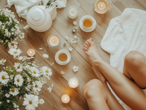 Photo of woman lying down at spa, relaxed mood.